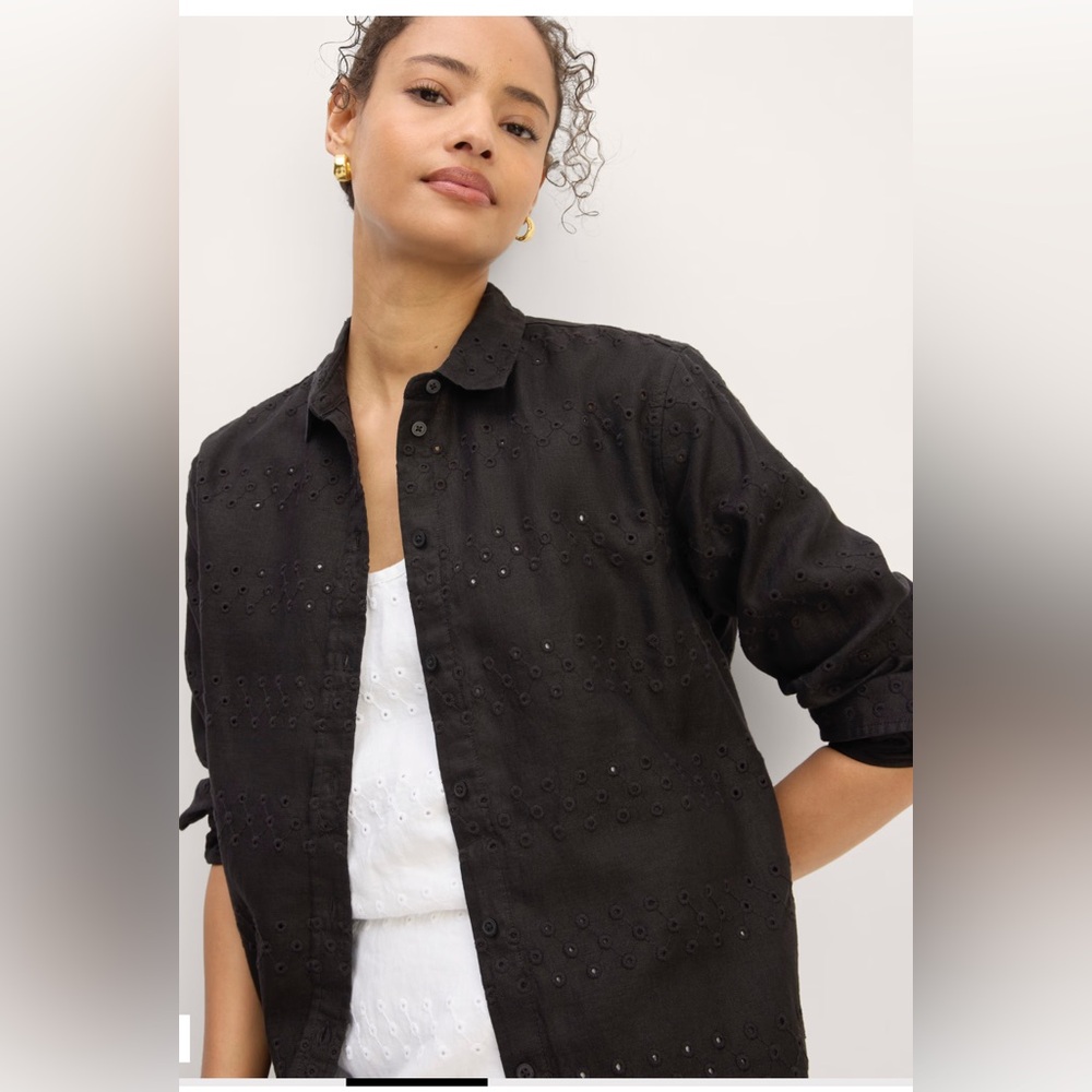 Everlane Women The Linen Eyelet Relaxed Collared Black LS Shirt Size 2 NEW